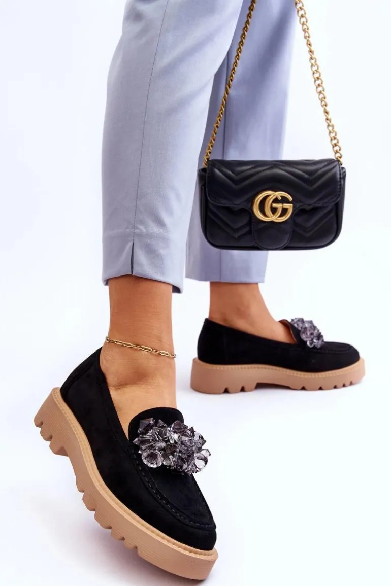 Modne Zamszowe Mokasyny Z Kryształkami Czarne Demeris