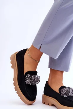 Modne Zamszowe Mokasyny Z Kryształkami Czarne Demeris