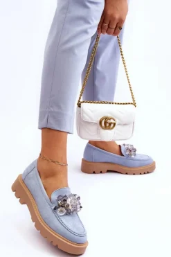 Modne Zamszowe Mokasyny Z Kryształkami Niebieskie Demeris