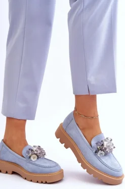 Modne Zamszowe Mokasyny Z Kryształkami Niebieskie Demeris