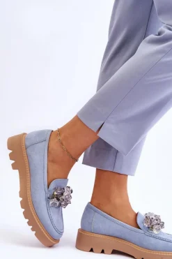 Modne Zamszowe Mokasyny Z Kryształkami Niebieskie Demeris