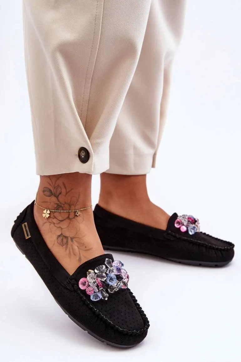 Modne Zamszowe Mokasyny Z Ozdobami Czarne Delima