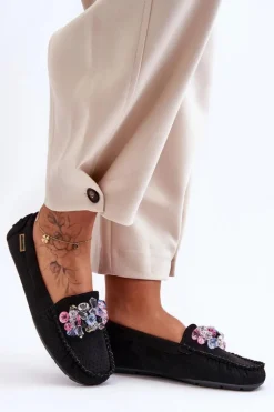 Modne Zamszowe Mokasyny Z Ozdobami Czarne Delima