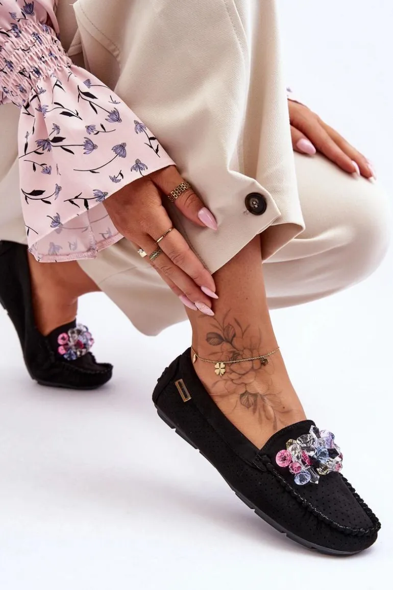 Modne Zamszowe Mokasyny Z Ozdobami Czarne Delima