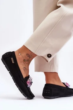 Modne Zamszowe Mokasyny Z Ozdobami Czarne Delima