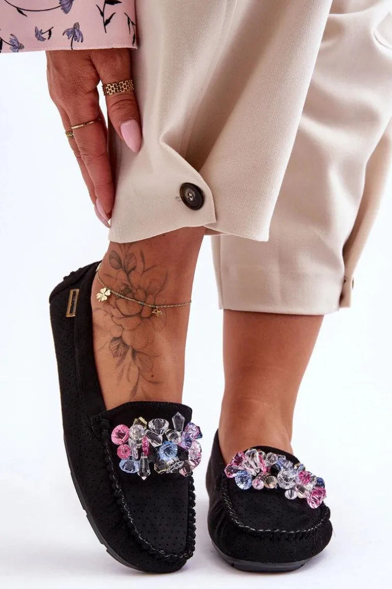 Modne Zamszowe Mokasyny Z Ozdobami Czarne Delima
