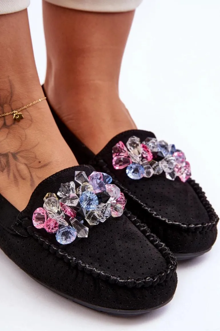 Modne Zamszowe Mokasyny Z Ozdobami Czarne Delima