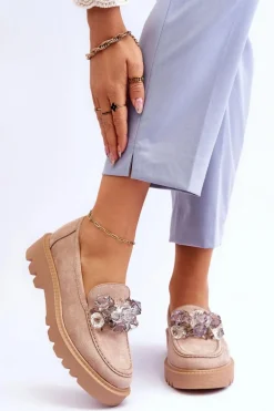 Modne Zamszowe Mokasyny Z Kryształkami Beżowe Demeris