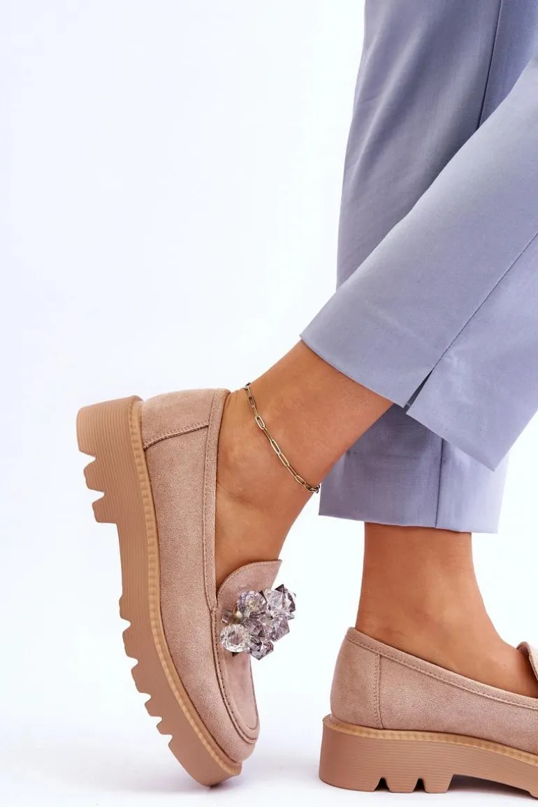 Modne Zamszowe Mokasyny Z Kryształkami Beżowe Demeris