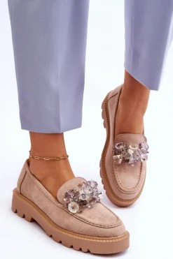 Modne Zamszowe Mokasyny Z Kryształkami Beżowe Demeris