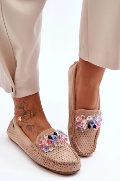 Modne Zamszowe Mokasyny Z Ozdobami Beżowe Delima