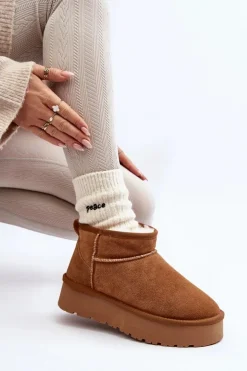 Modne Zamszowe Niskie Śniegowce Camel Nucca