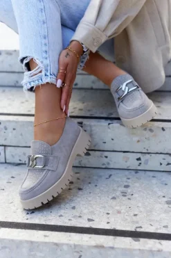 Modne Zamszowe Półbuty Loafery Jasnoszare Rayhan