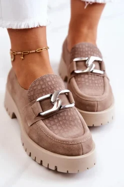 Modne Zamszowe Półbuty Loafery Ciemnobeżowe Rayhan