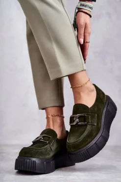 Modne Zamszowe Półbuty Na Platformie Khaki Lemar Marsol