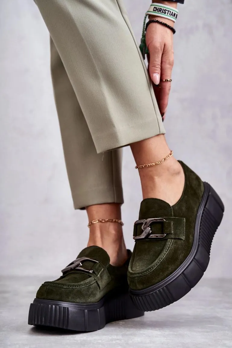 Modne Zamszowe Półbuty Na Platformie Khaki Lemar Marsol