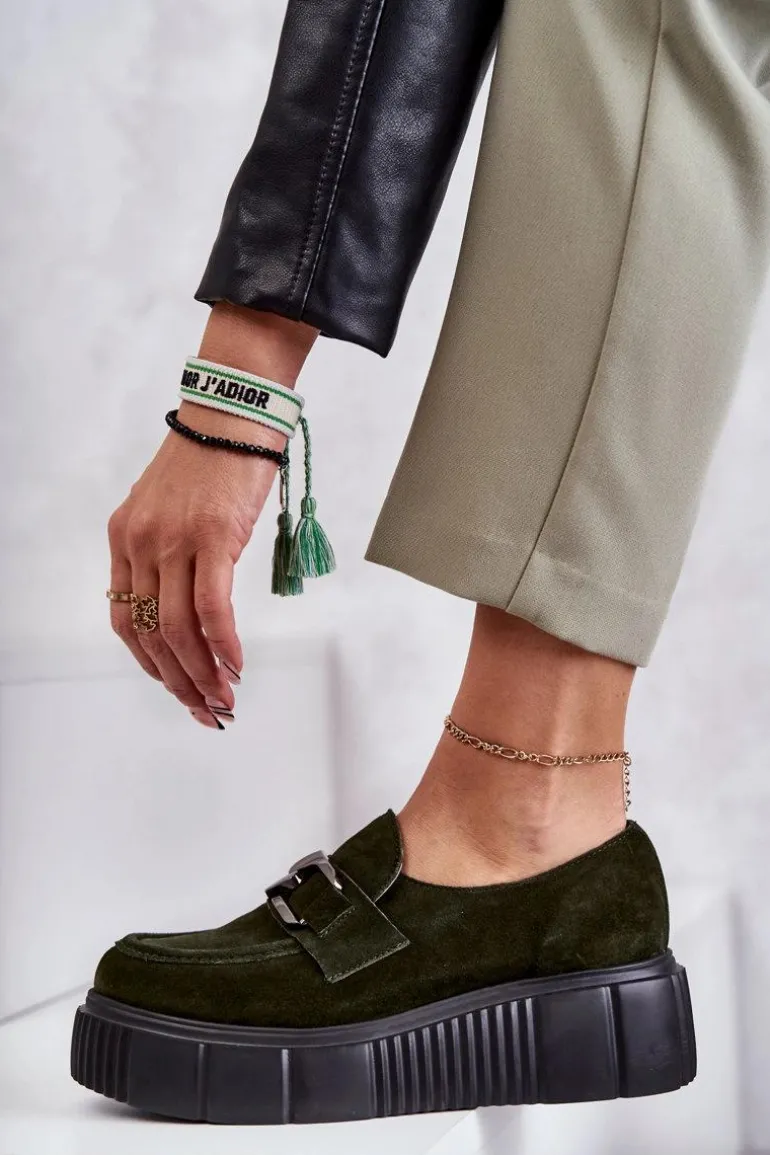 Modne Zamszowe Półbuty Na Platformie Khaki Lemar Marsol