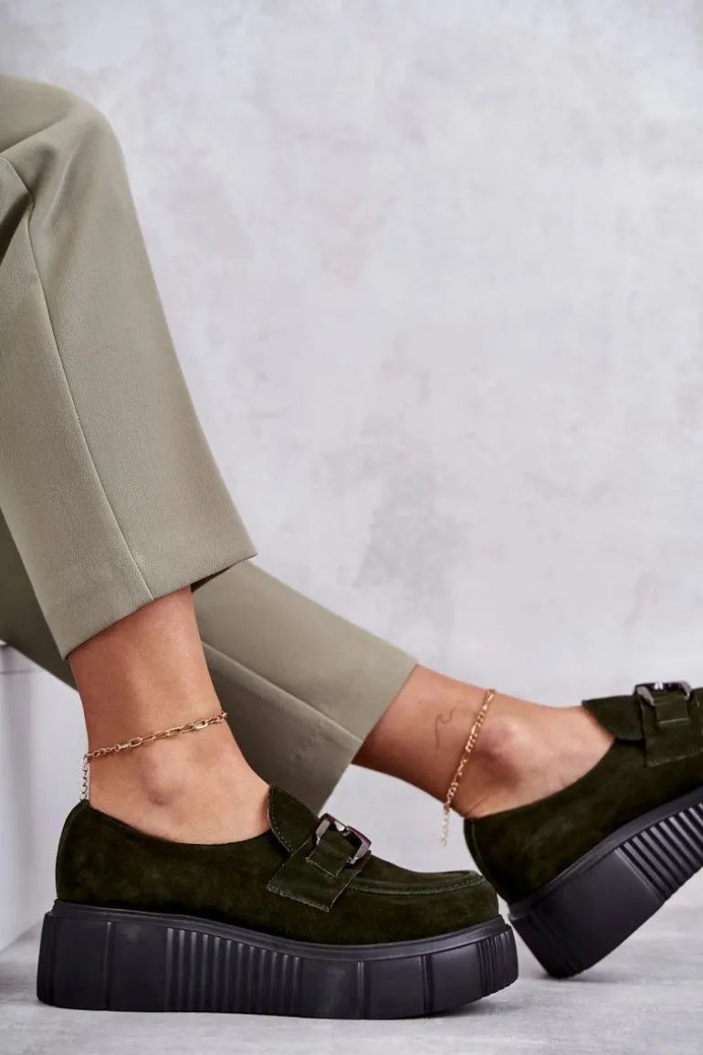 Modne Zamszowe Półbuty Na Platformie Khaki Lemar Marsol