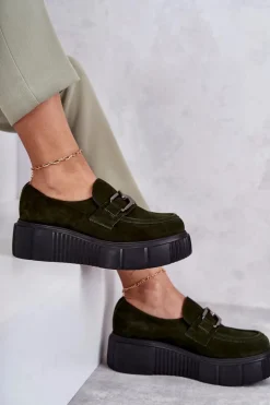 Modne Zamszowe Półbuty Na Platformie Khaki Lemar Marsol