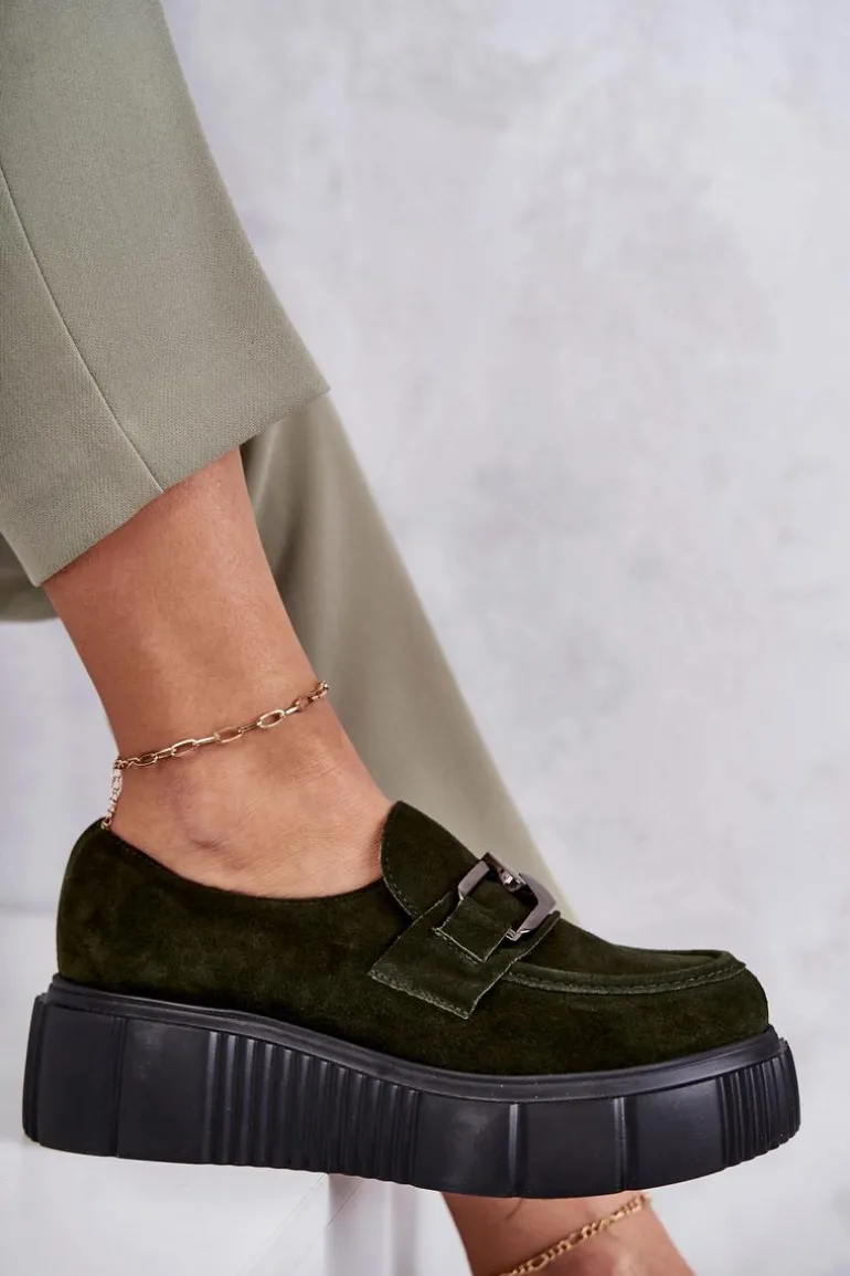 Modne Zamszowe Półbuty Na Platformie Khaki Lemar Marsol