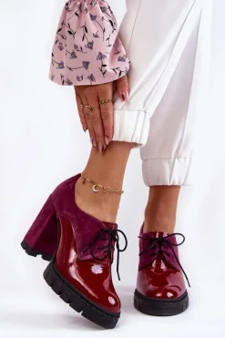 Modne Zamszowo-Lakierowane Botki Na Platformie Bordowe Carisa