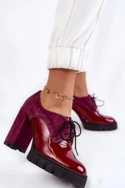 Modne Zamszowo-Lakierowane Botki Na Platformie Bordowe Carisa