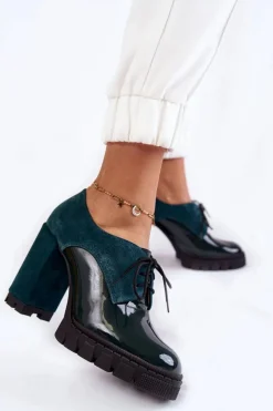 Modne Zamszowo-Lakierowane Botki Na Platformie Zielone Carisa