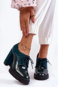 Modne Zamszowo-Lakierowane Botki Na Platformie Zielone Carisa