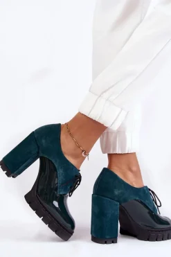 Modne Zamszowo-Lakierowane Botki Na Platformie Zielone Carisa