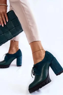 Modne Zamszowo-Skórzane Botki Na Platformie Zielone Carisa