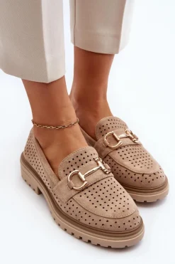 Mokasyny Damskie Ażurowe Z Ozdobą Beżowe Talesse