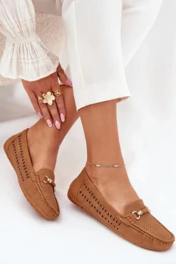 Mokasyny Damskie Ażurowe Z Ozdobą Camel Kaydance