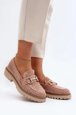 Mokasyny Damskie Ażurowe Z Ozdobą Różowe Talesse