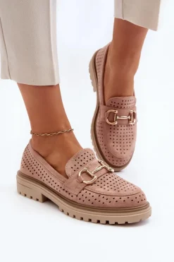 Mokasyny Damskie Ażurowe Z Ozdobą Różowe Talesse