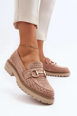 Mokasyny Damskie Ażurowe Z Ozdobą Różowe Talesse