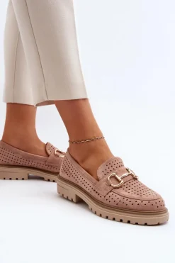 Mokasyny Damskie Ażurowe Z Ozdobą Różowe Talesse