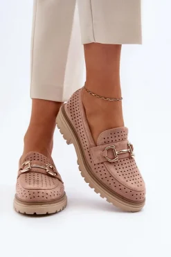 Mokasyny Damskie Ażurowe Z Ozdobą Różowe Talesse