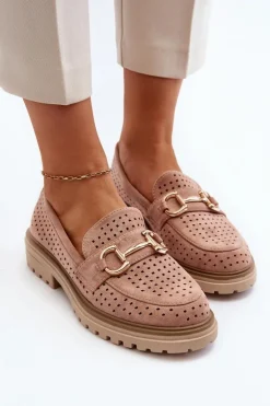 Mokasyny Damskie Ażurowe Z Ozdobą Różowe Talesse