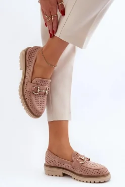 Mokasyny Damskie Ażurowe Z Ozdobą Różowe Talesse