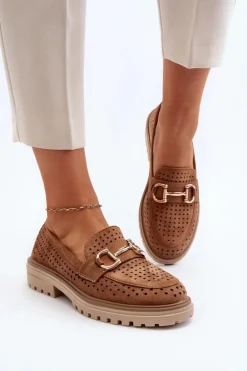 Mokasyny Damskie Ażurowe Z Ozdobą Camel Talesse