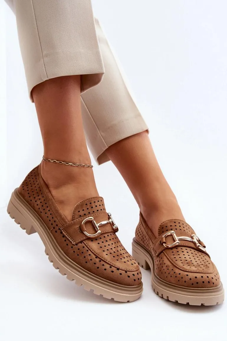 Mokasyny Damskie Ażurowe Z Ozdobą Camel Talesse