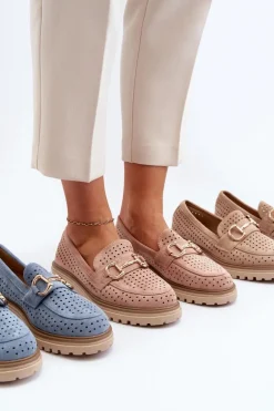 Mokasyny Damskie Ażurowe Z Ozdobą Camel Talesse