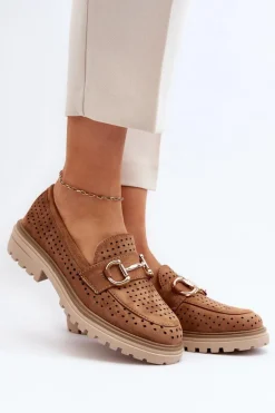 Mokasyny Damskie Ażurowe Z Ozdobą Camel Talesse