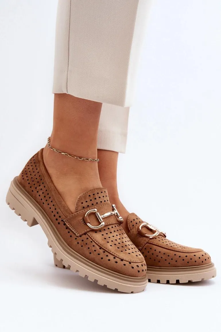 Mokasyny Damskie Ażurowe Z Ozdobą Camel Talesse