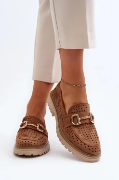Mokasyny Damskie Ażurowe Z Ozdobą Camel Talesse