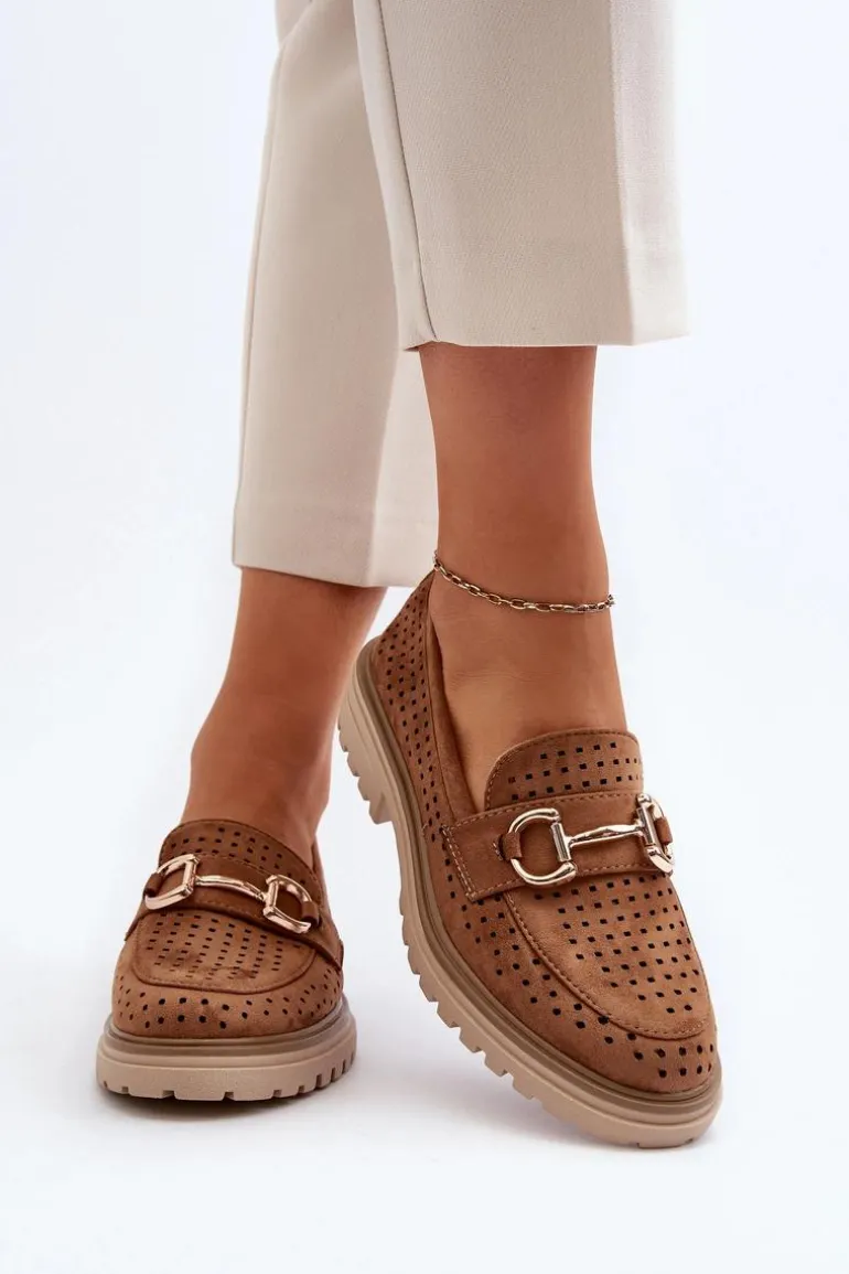 Mokasyny Damskie Ażurowe Z Ozdobą Camel Talesse