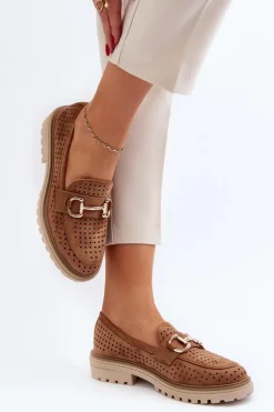 Mokasyny Damskie Ażurowe Z Ozdobą Camel Talesse