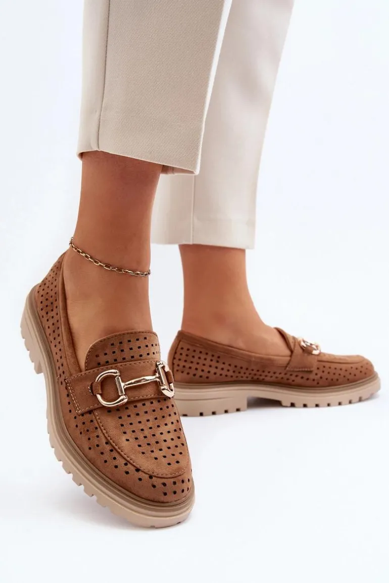 Mokasyny Damskie Ażurowe Z Ozdobą Camel Talesse