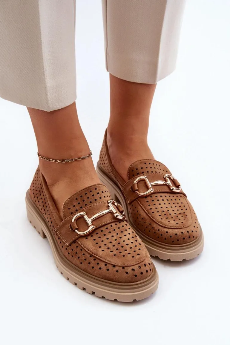 Mokasyny Damskie Ażurowe Z Ozdobą Camel Talesse