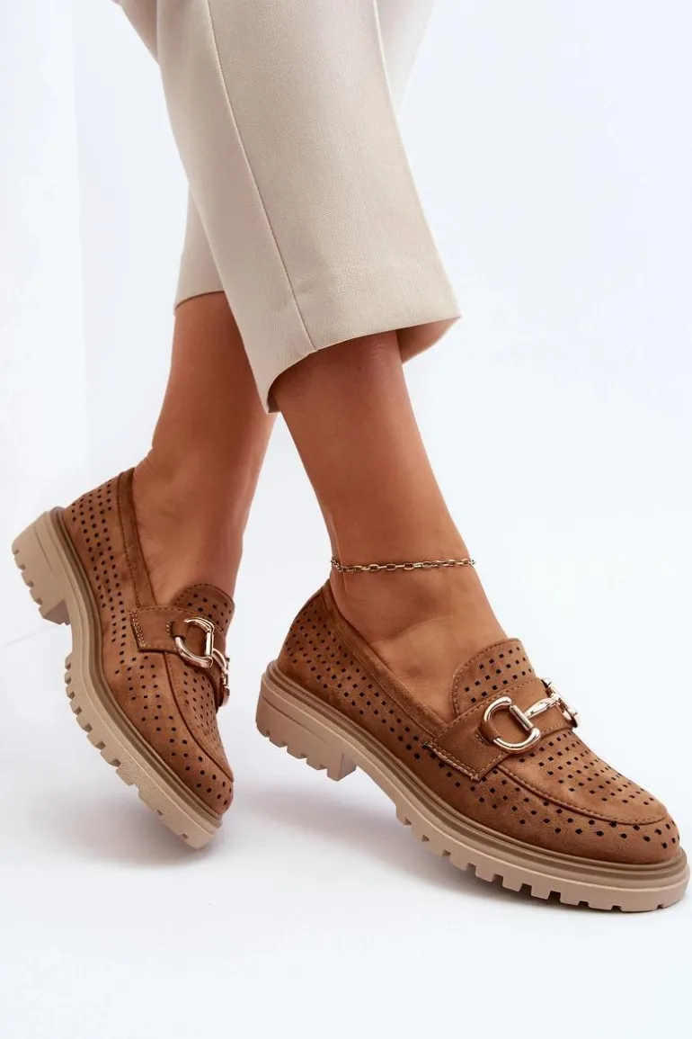 Mokasyny Damskie Ażurowe Z Ozdobą Camel Talesse